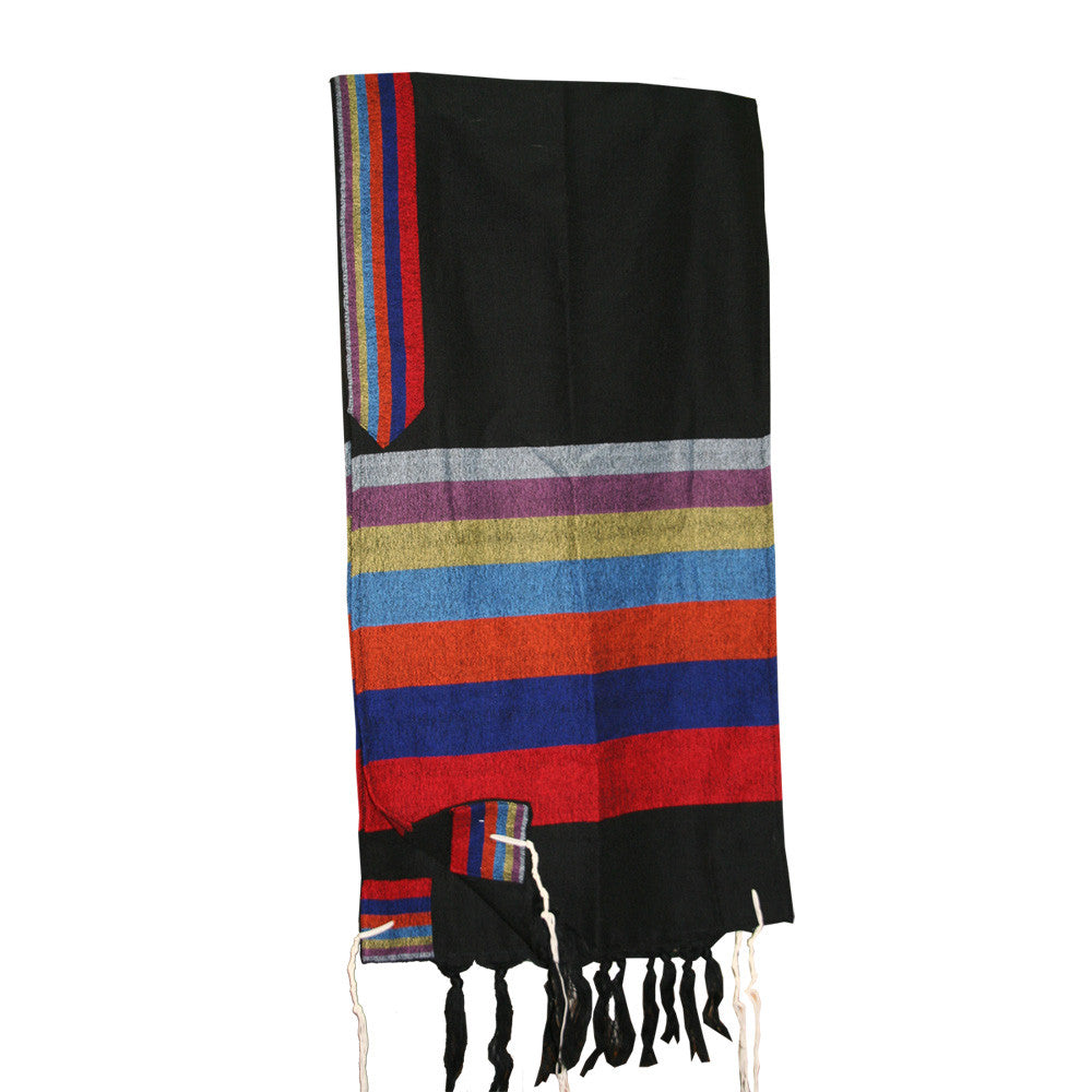 Esther - Wool Tallit - Rainbow Stripes on Black