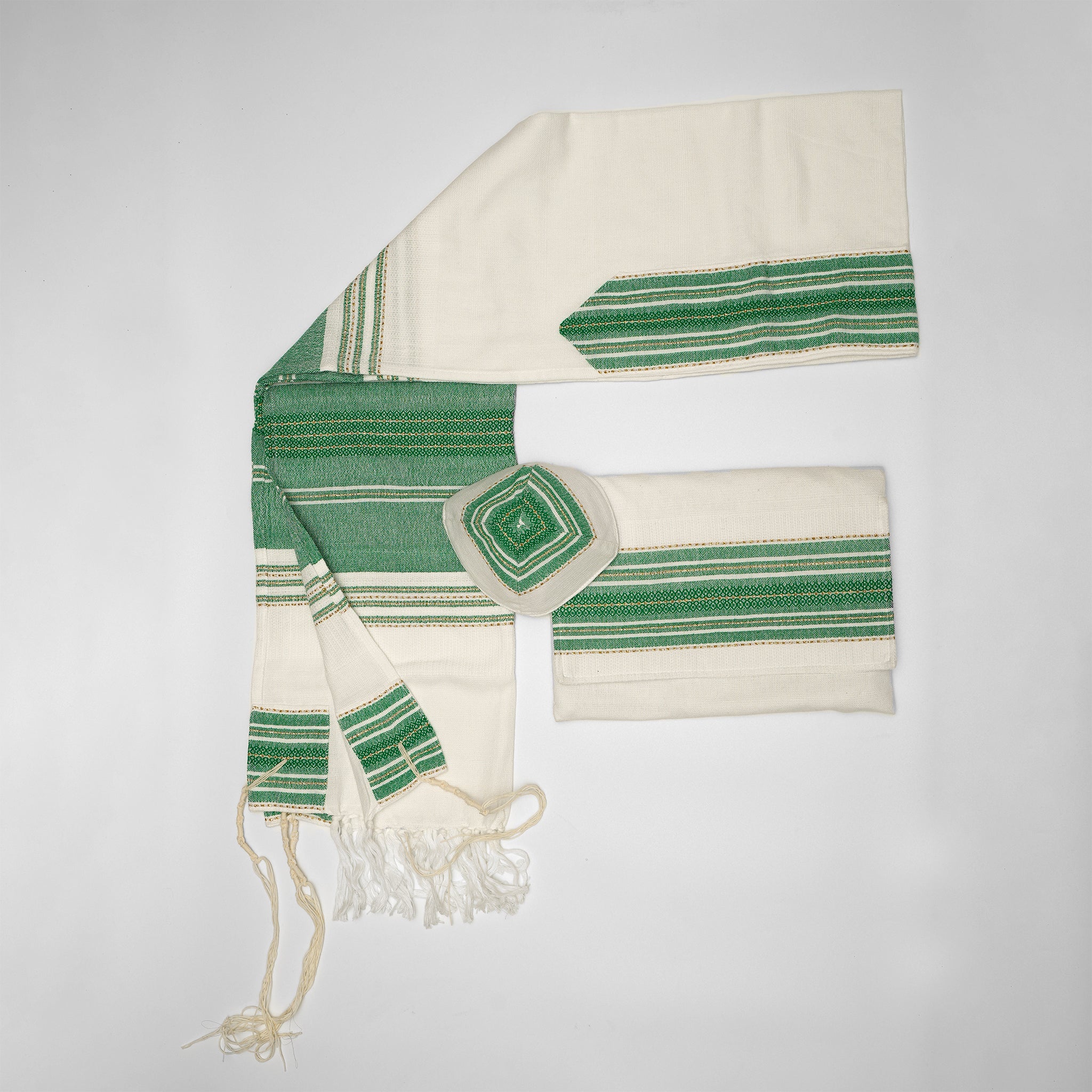 Elia - Cotton Tallit - Green with Gold on Off-White