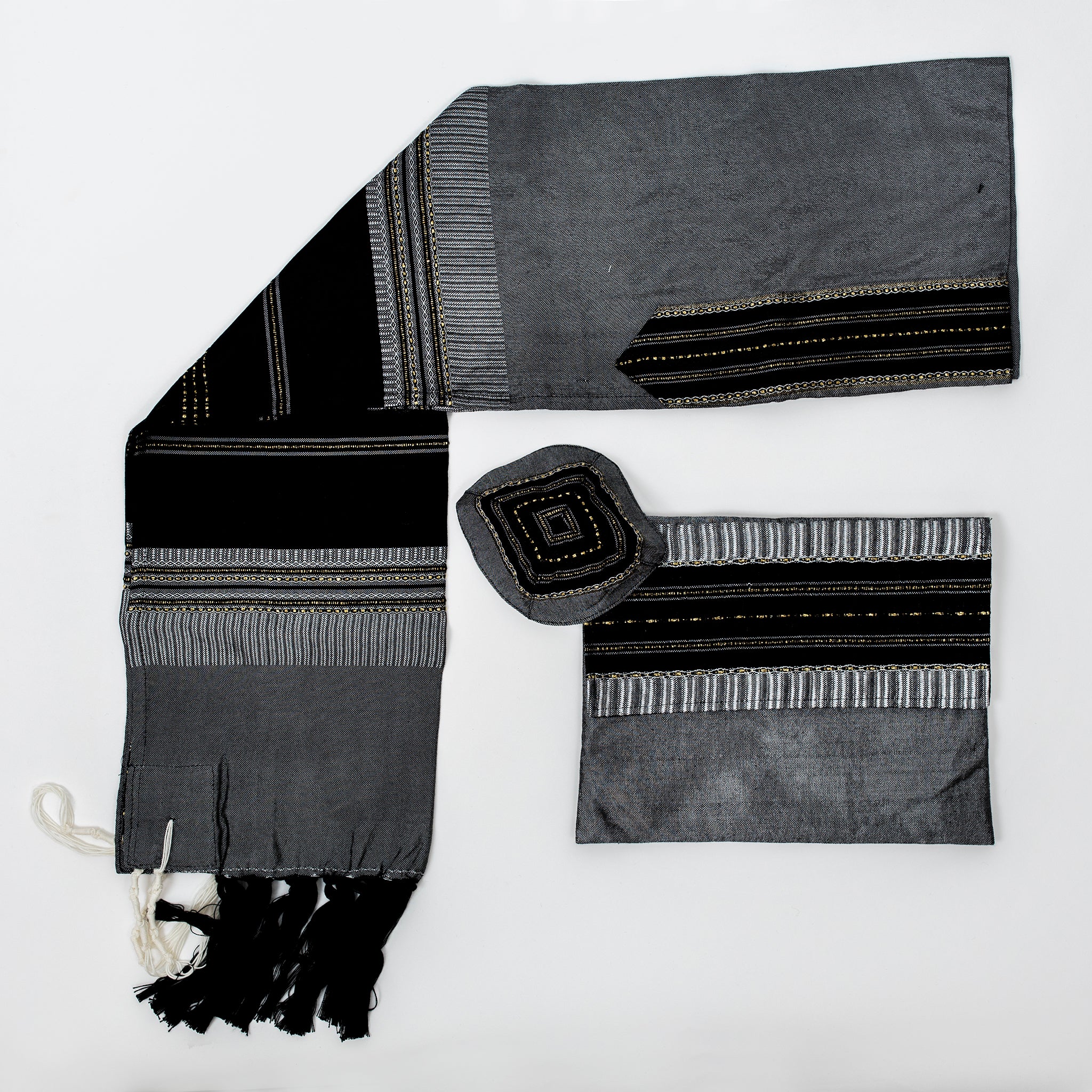 Elia - Silk Tallit- Black with Gold on Gray