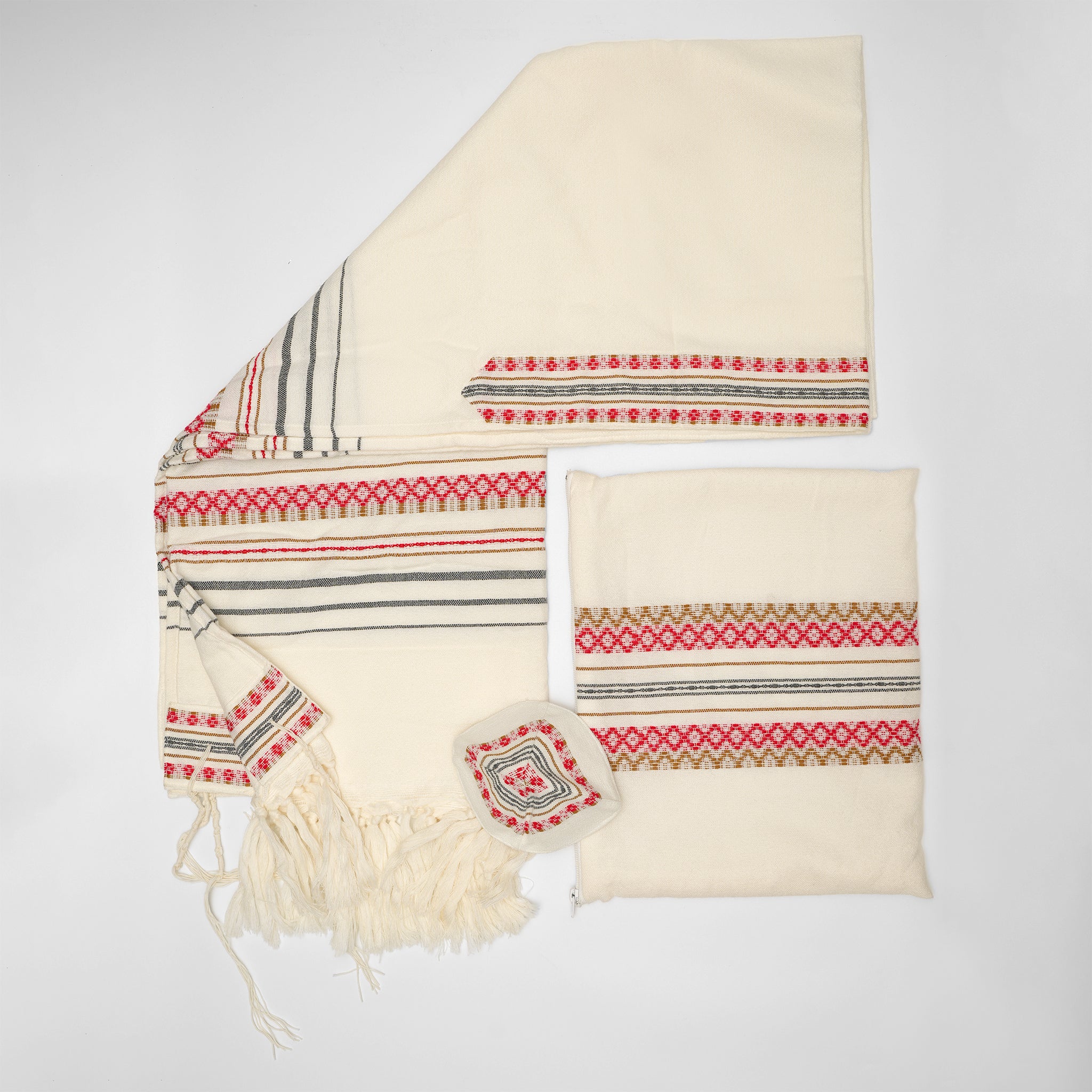 Hagar - Wool Tallit - Red, Koniak and Black on White