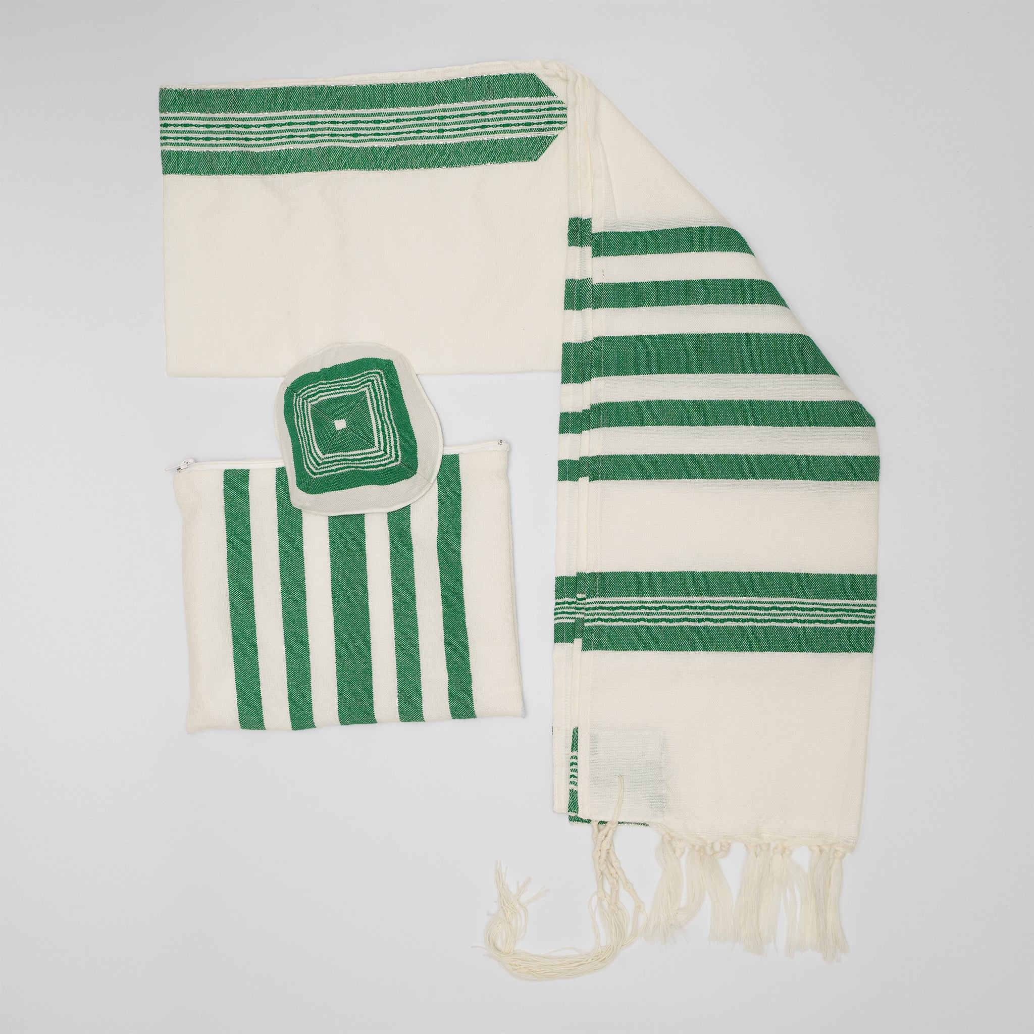 David - Wool Tallit - Green on White
