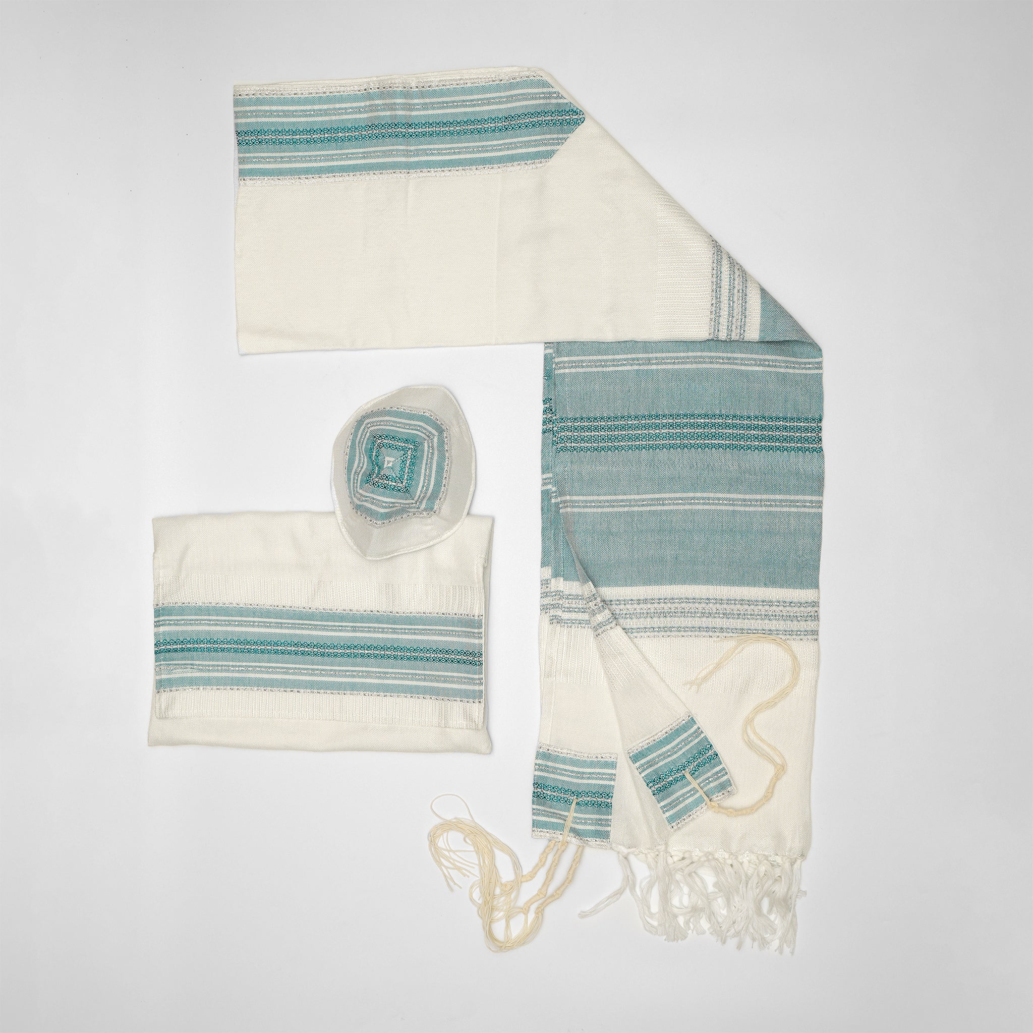 Elia - Silk Tallit - Turquoise with Silver on White