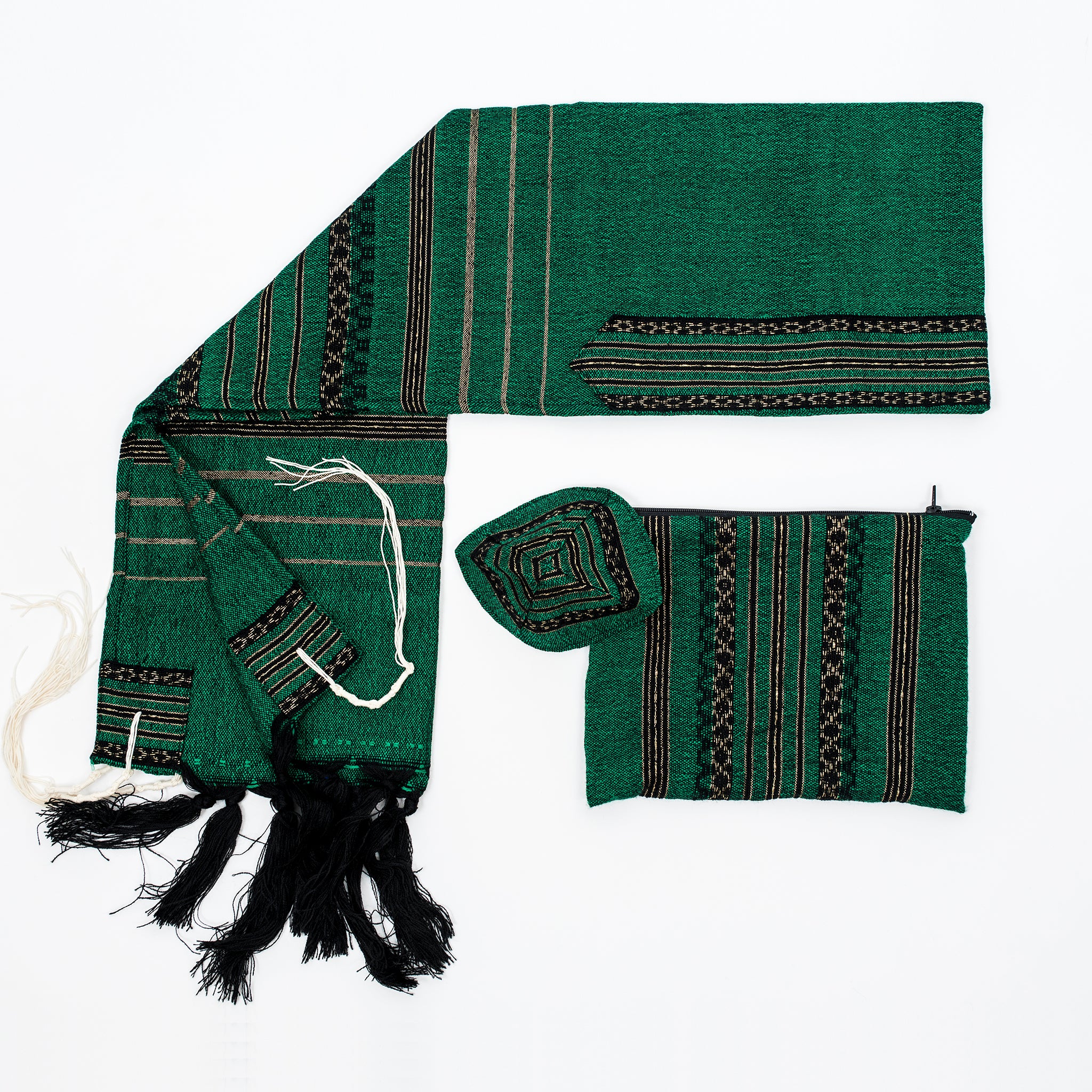 Hagar - Wool Tallit - Black and Gold on Green