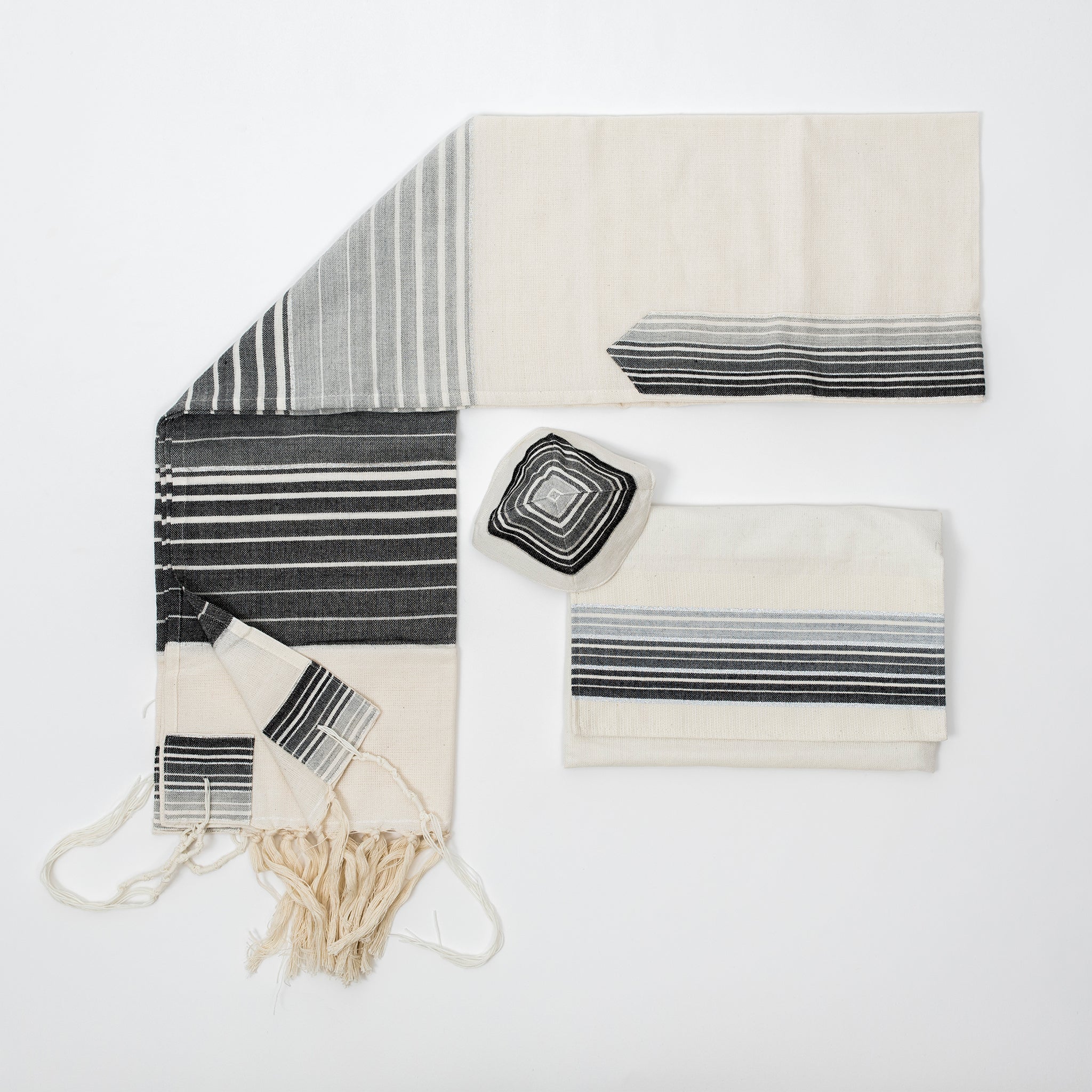 Ella - Cotton Tallit - Shades of Gray with Silver on Off-White