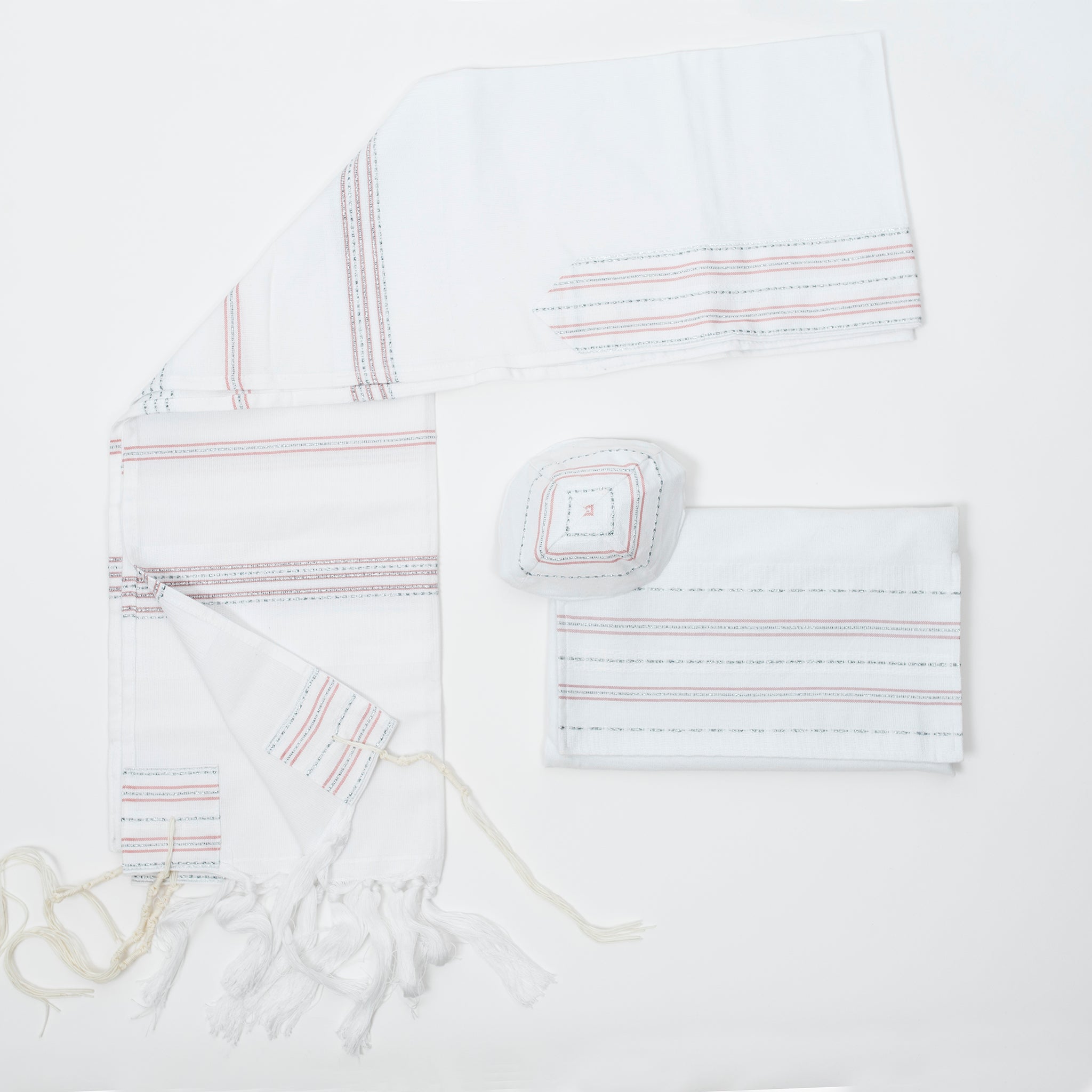 Elia - Silk Tallit - Pink and Silver on White