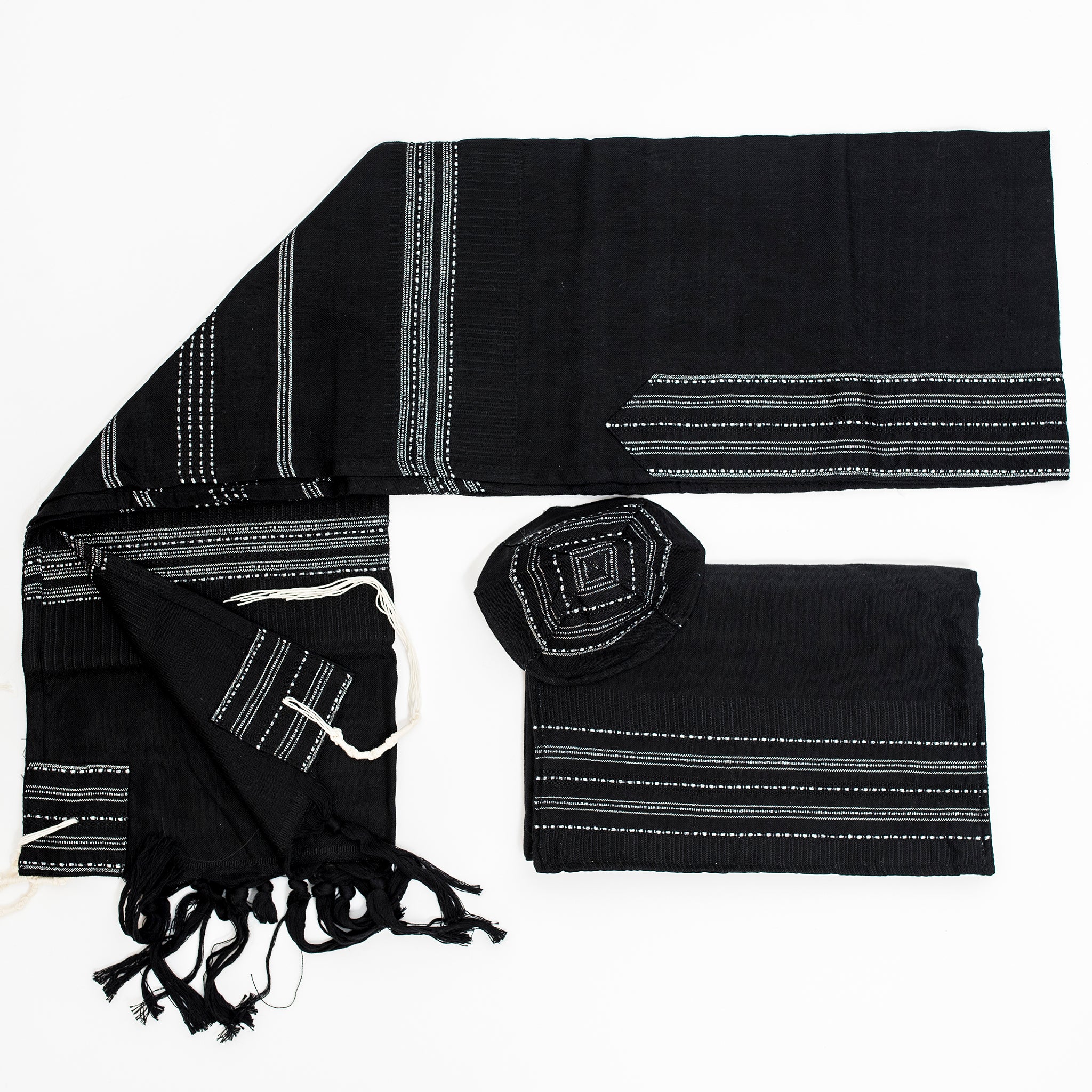 Elia - Cotton Tallit - Silver on Black