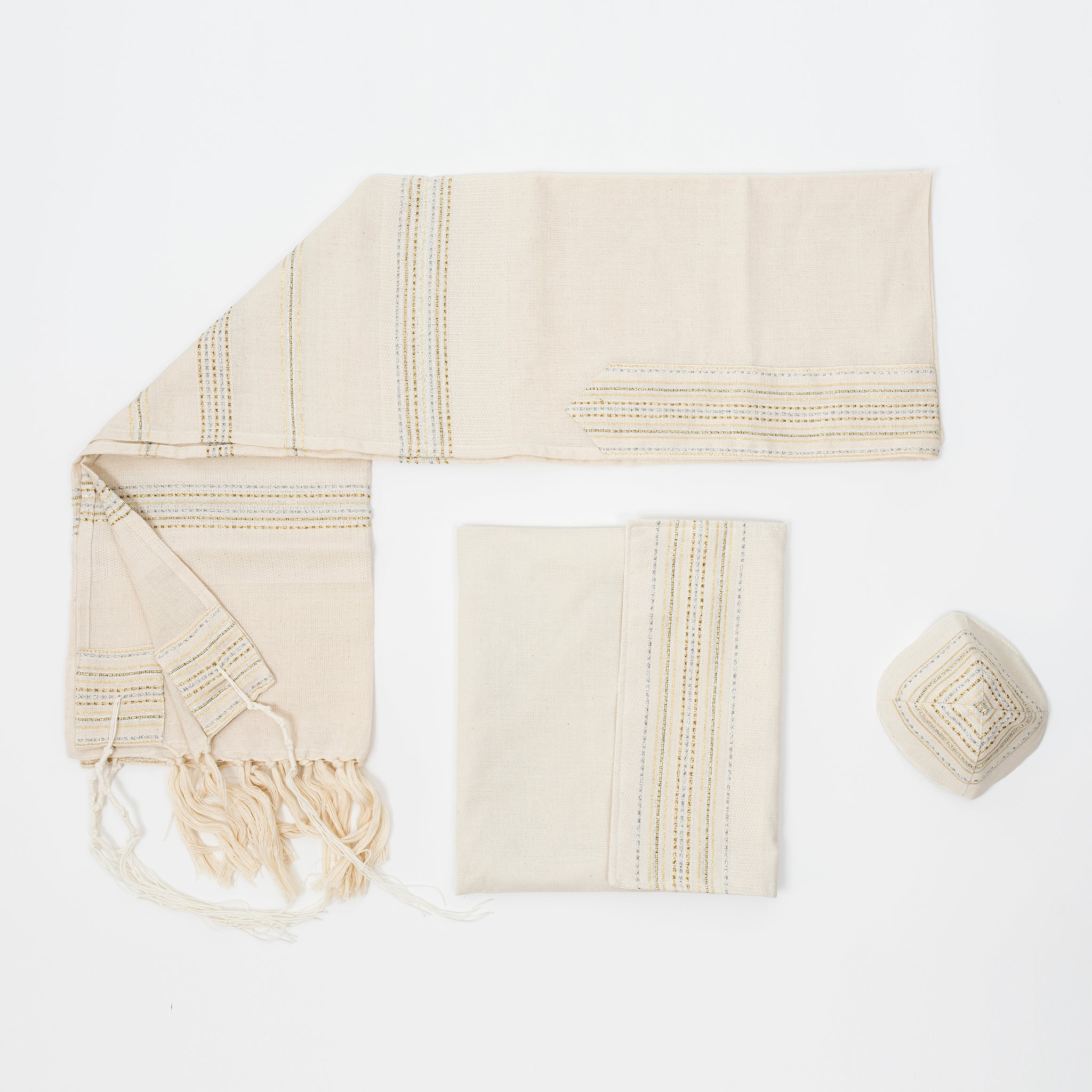 Elia - Cotton Tallit - Gold and Silver on Off-White