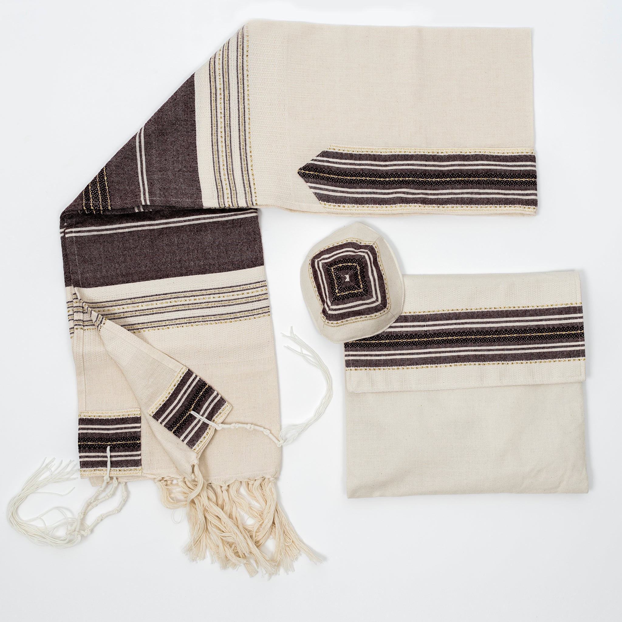 Elia - Cotton Tallit - Bordeaux with Gold on Off-White