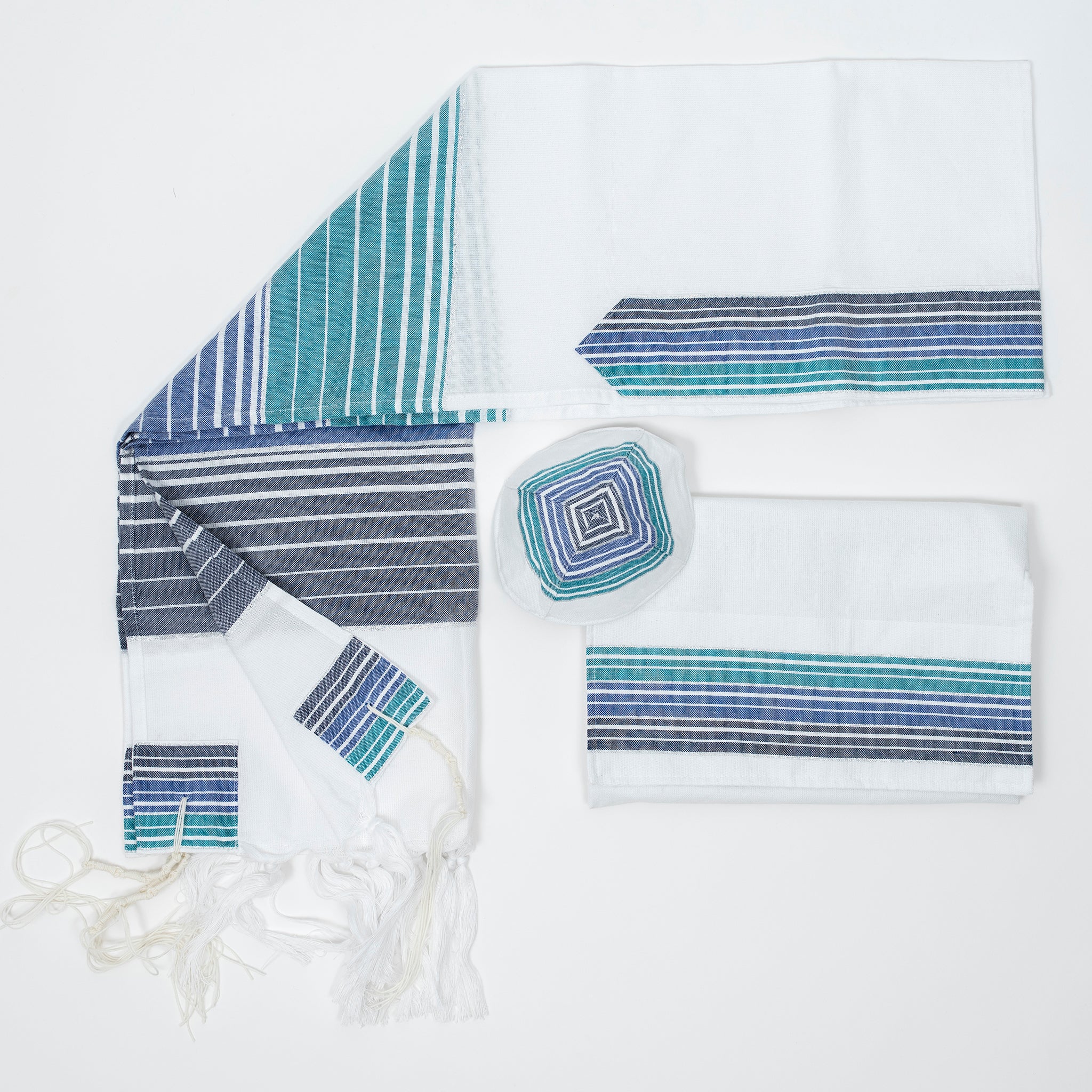 Ella - Cotton Tallit - Turquoise and Blue Stripes with Silver on White