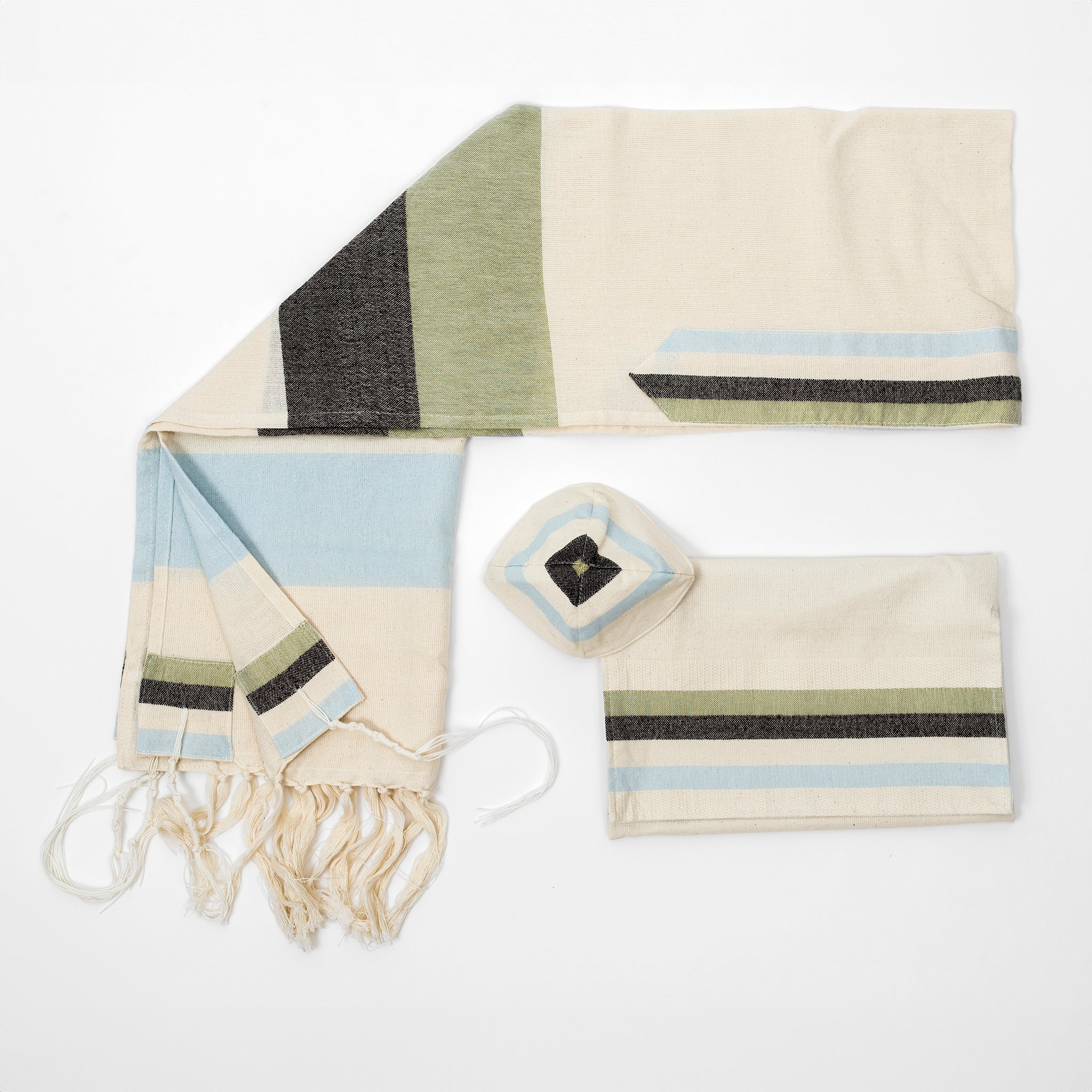 Emanuel - Cotton Tallit - Blue and Green Wide Stripes on Off-White