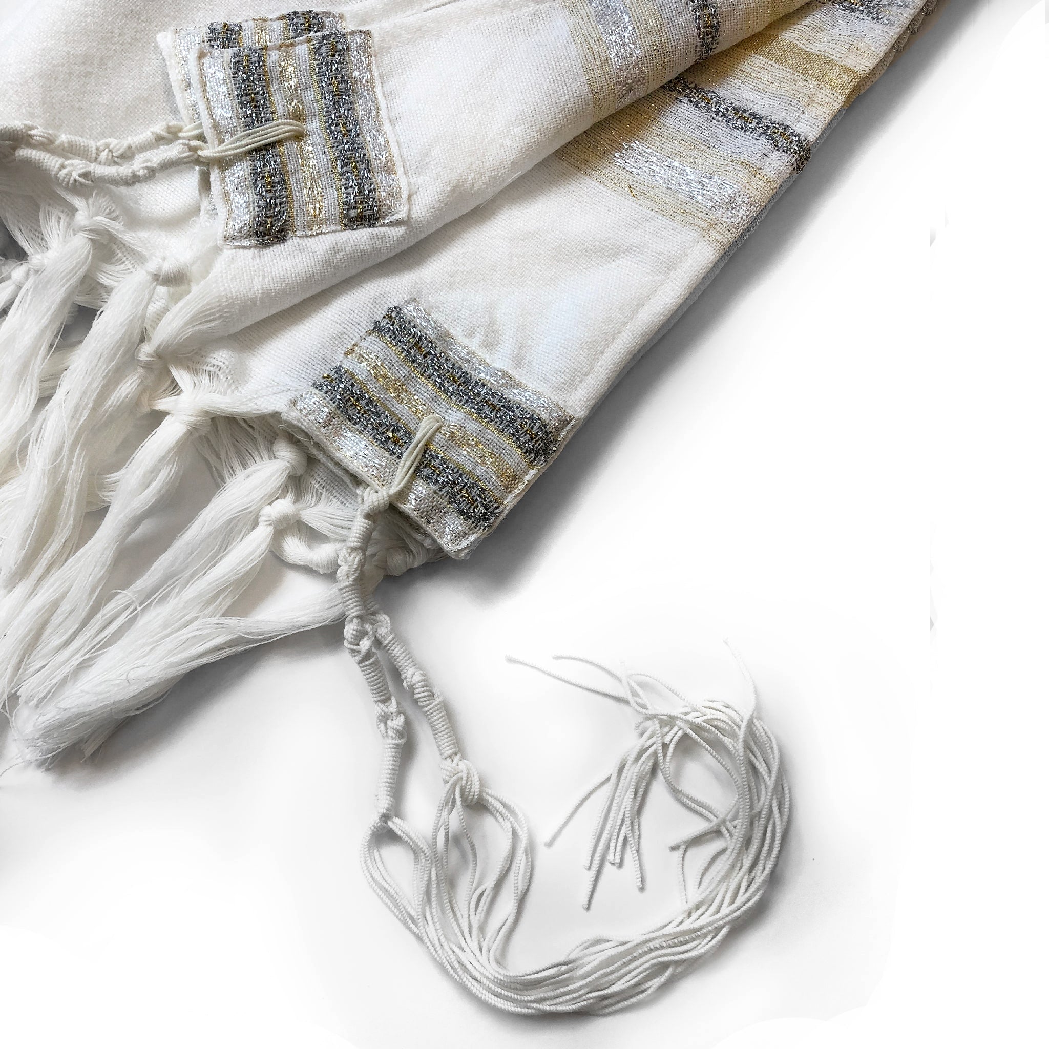 Gabrieli Premium - Wool Tallit - Gold & Silver on White