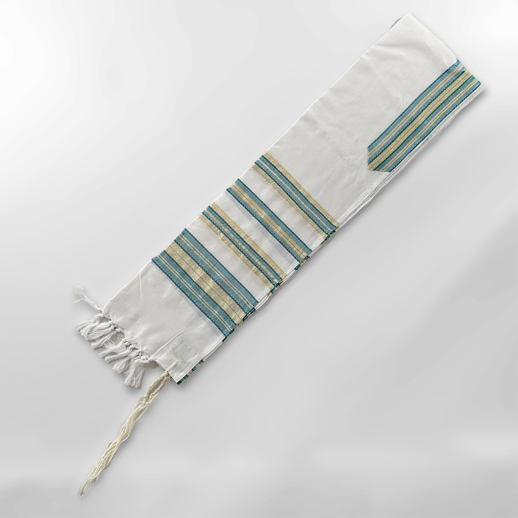 Tal - Silk Tallit - Turquoise with Gold on White