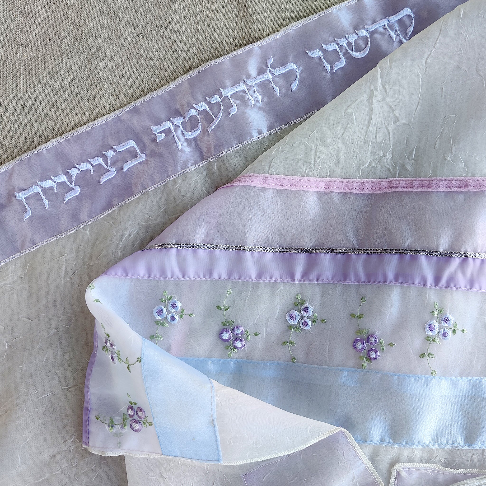 Lady Gabrieli - Voile Tallit - Purple and pink with flowers