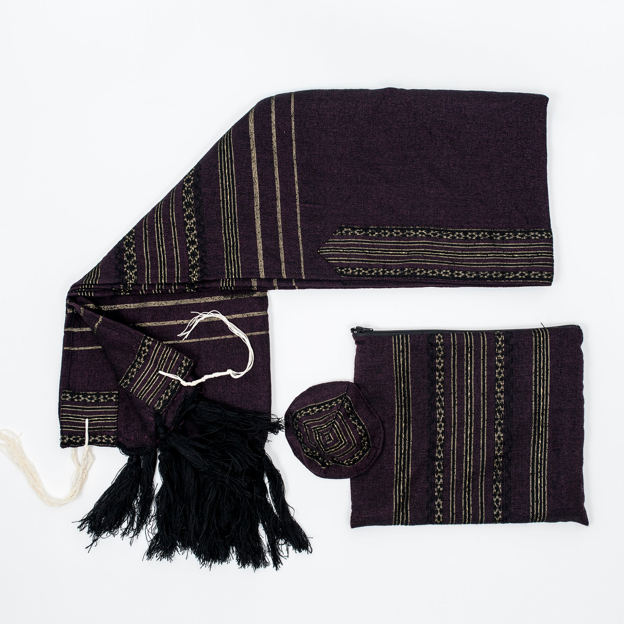 Hagar - Wool Tallit - Black and Gold Design on Purple
