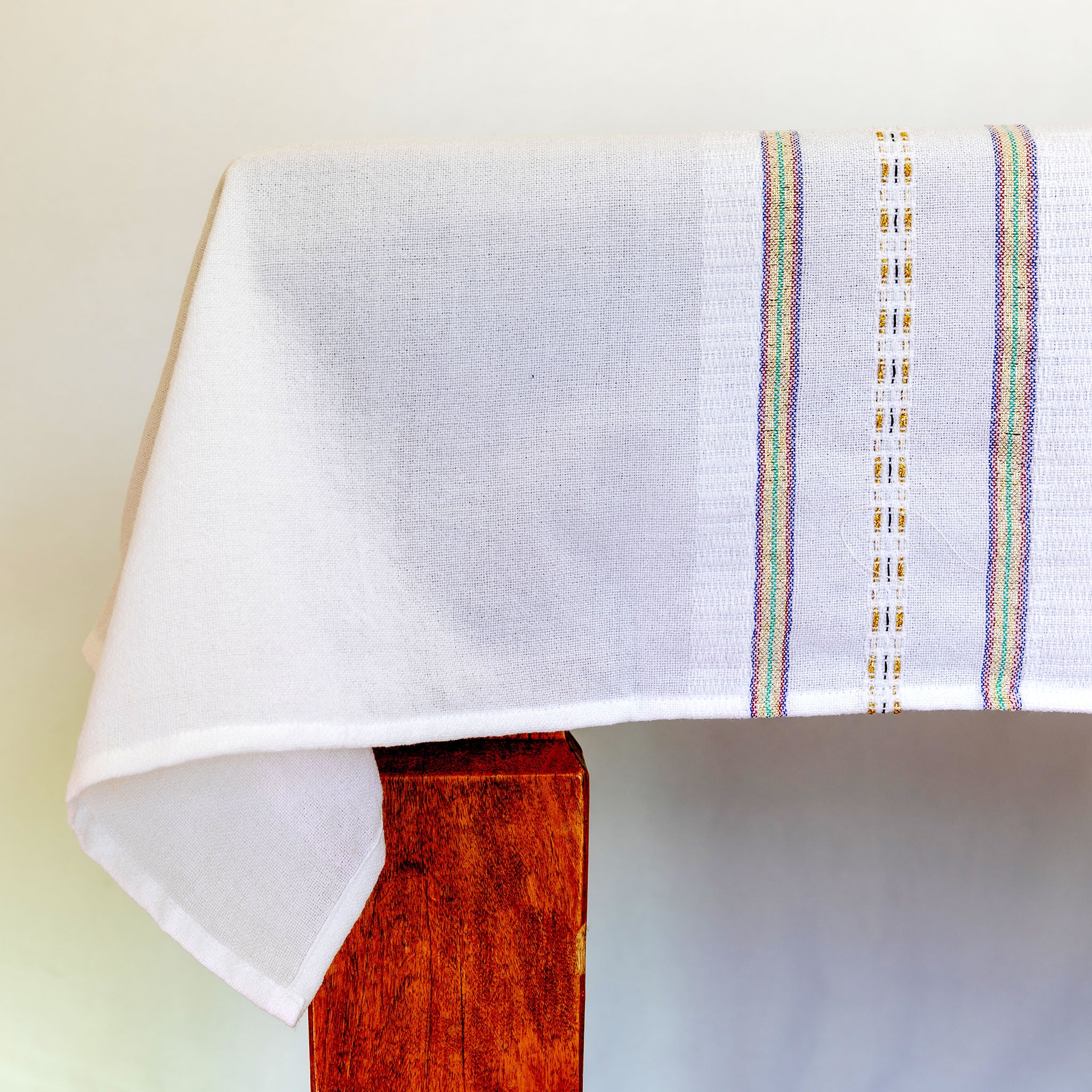Tablecloths - Gabrieli Design - Blue, Red and Green with Gold on White