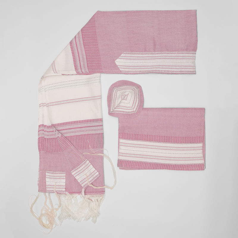 Elia - Silk Tallit- White and Silver on Pink