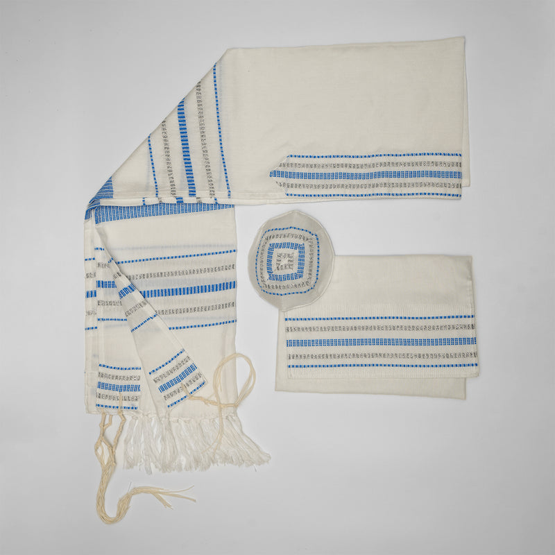 Perach - Silk Tallit - Blue and Silver on White