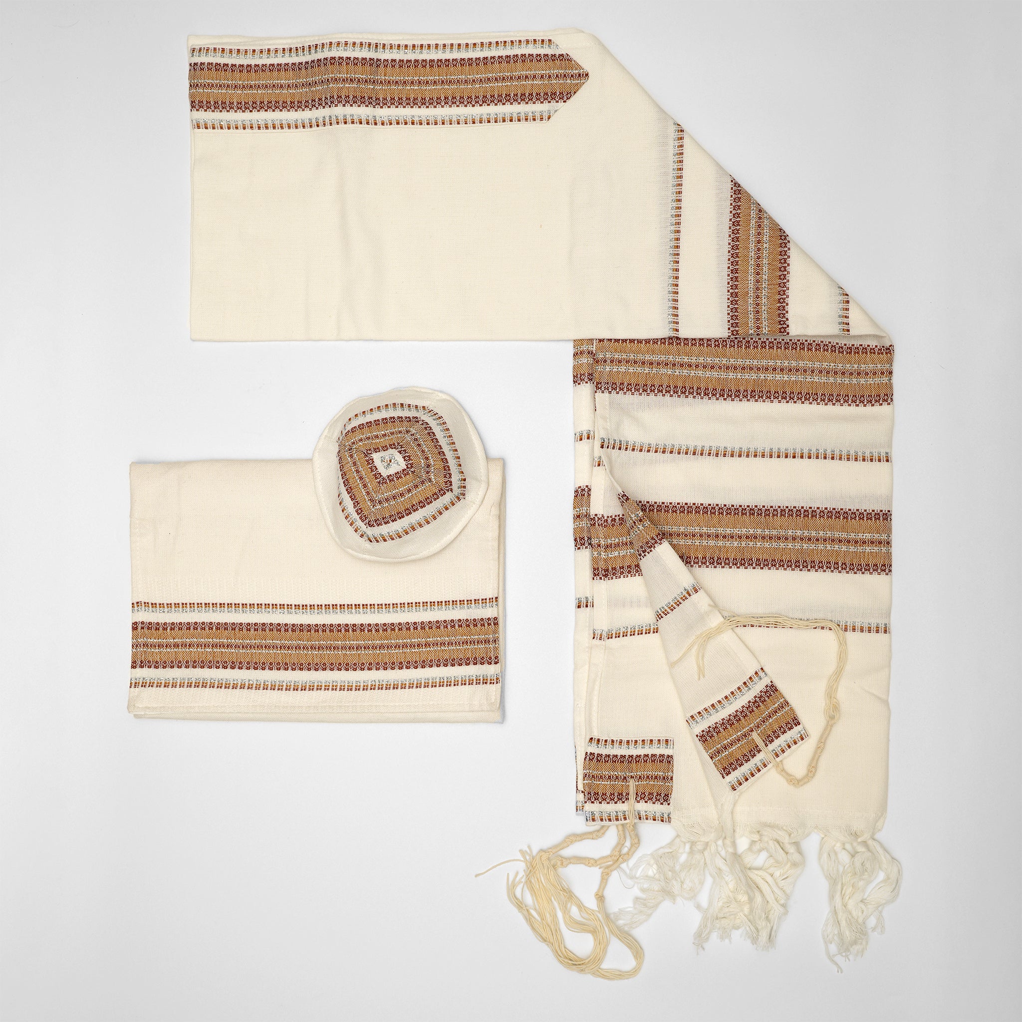 Ruth - Cotton Tallit - Koniak and Camel with Silver on Cream