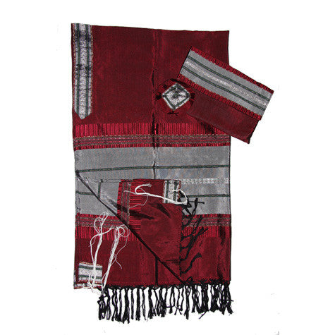 Elia - Silk Tallit - Gray with Silver on Red